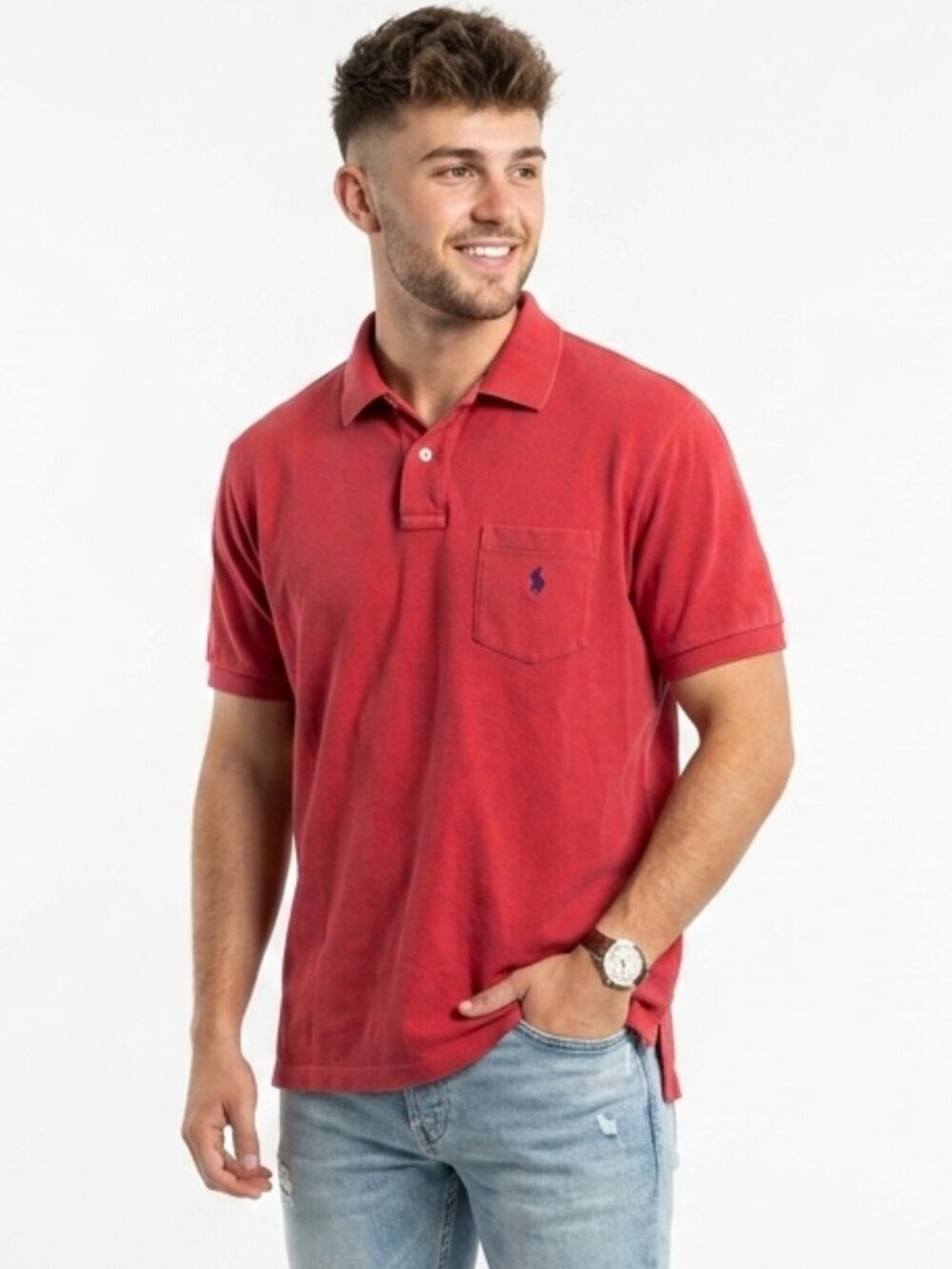Vintage 80s POLO RALPH LAUREN Pique Short Sleeve Pocket Shirt Red XL
